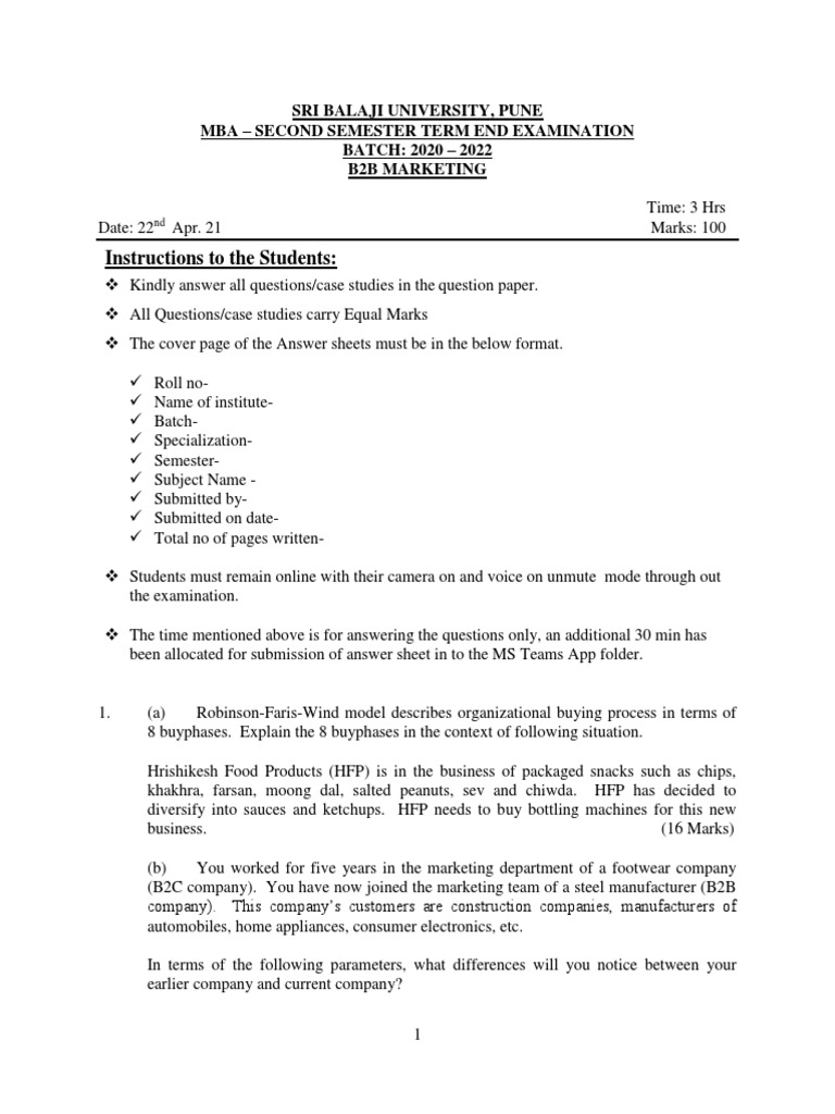 MBA B2B Marketing Exam Paper 2021 | PDF | Market Segmentation | Retail