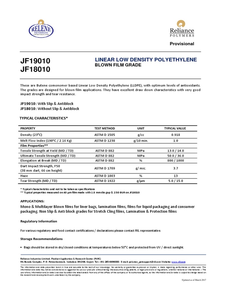 Reliance JF19010 LLDPE Data Sheet | PDF | Polyethylene | Density