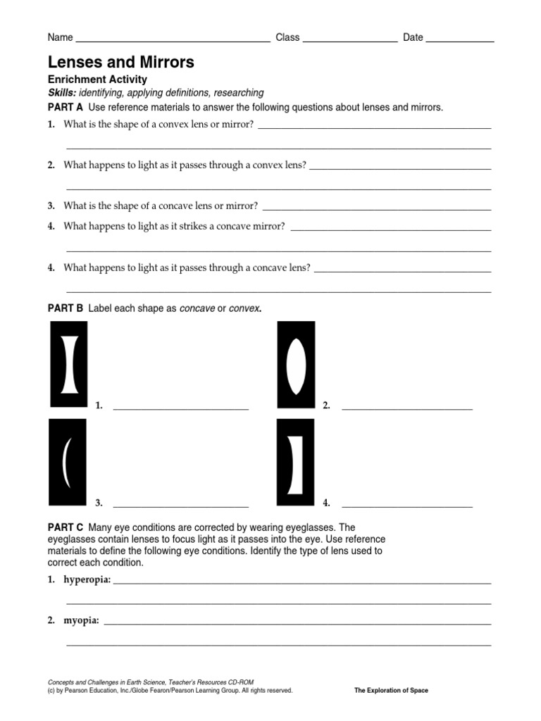 Lenses and Mirrors Enrichment Activity PDF Myopia Vision