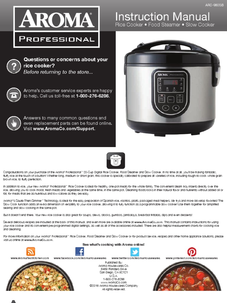 Manual de Usuario Arrocera AROMA. ARC980SB Manual PDF Rice