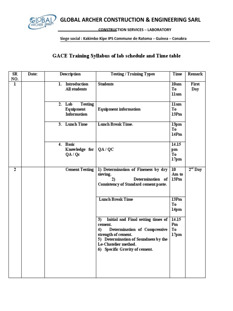 Global Archer Construction & Engineering Sarl GACE Training Syllabus