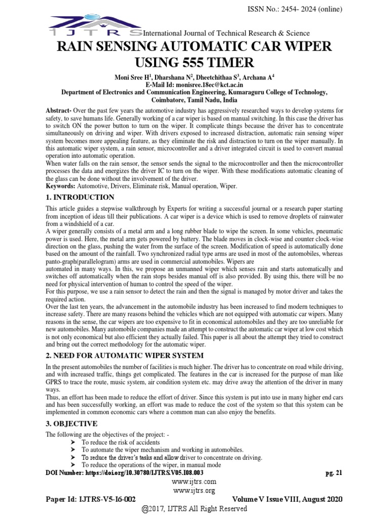 Rain Sensing Automatic Car Wiper Using 555 Timer PDF Electric Motor