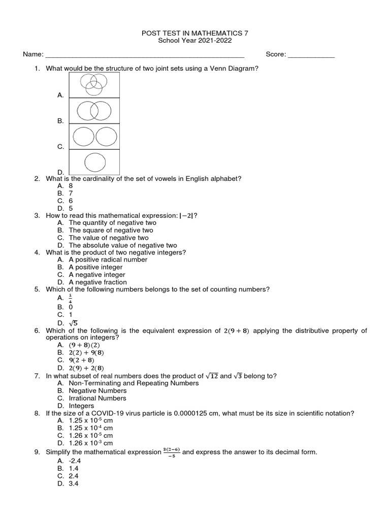 Grade 7 Mathematics Post Test 2021-2022 | PDF | Numbers | Sampling ...