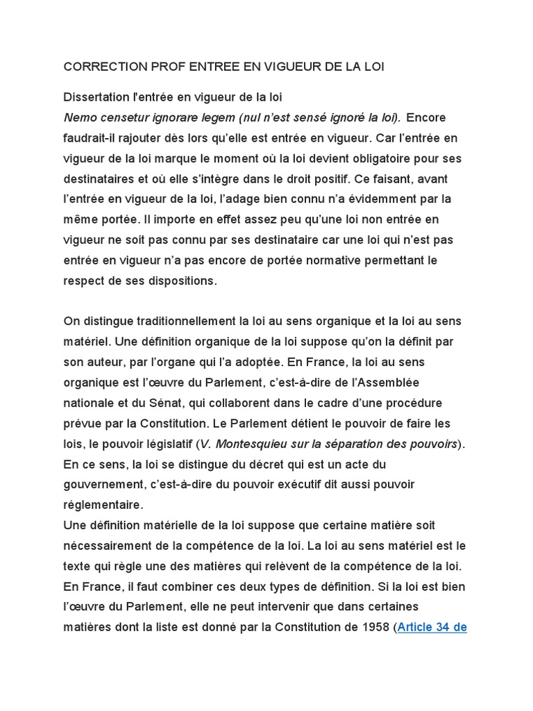 CORRECTION PROF - Dissertation - ENTREE EN VIGUEUR DE LA LOI | PDF ...