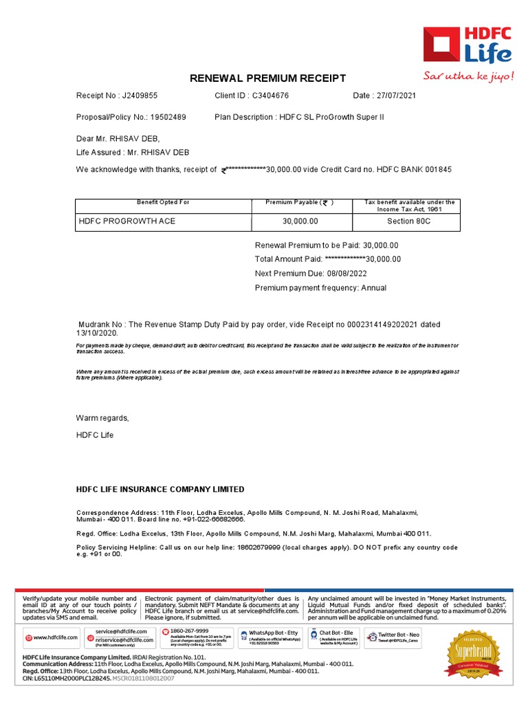 Renewal Premium Receipt Benefit Opted For Tax Benefit Available Under