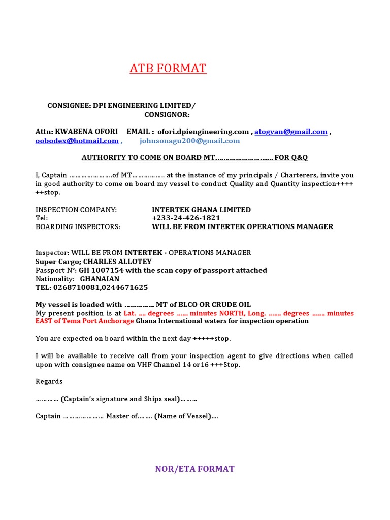 ATB Format for Tema Anchorage Inspections | PDF | Freight Transport ...