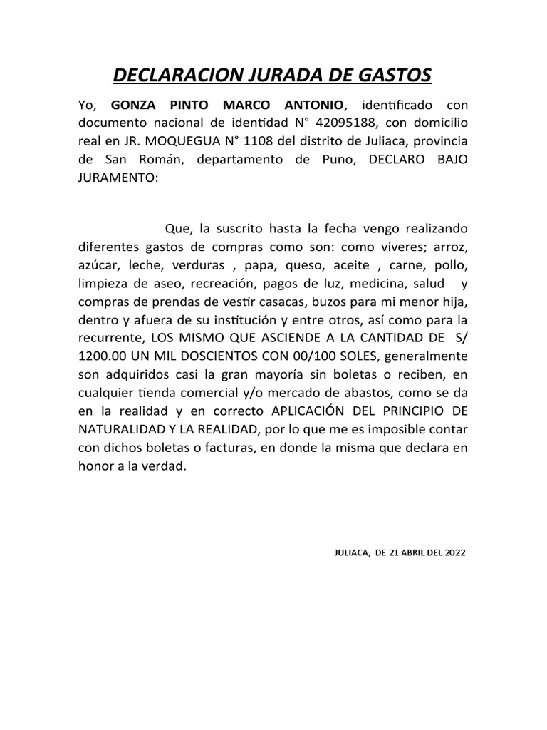 Modelo De Declaracion Jurada De Gastos Personales