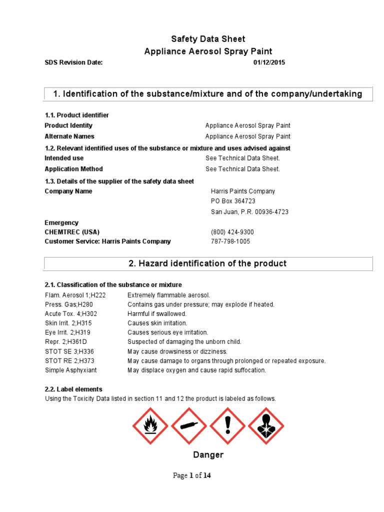 Safety Data Sheet Appliance Aerosol Spray Paint Page 1 of 14 PDF