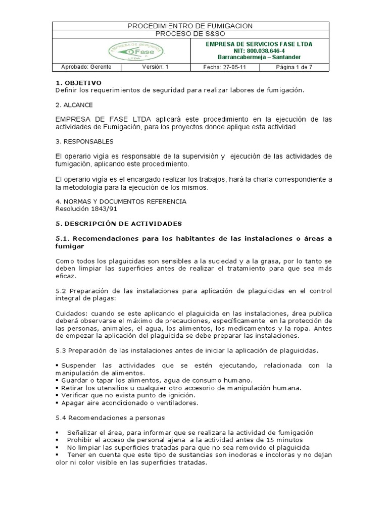 Procedimiento de Fumigacion Fase Ltda | PDF | Pesticida | Seguridad y ...