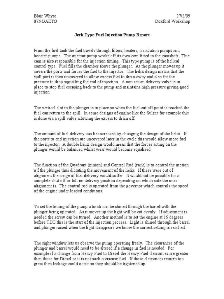 Jerk Type Fuel Injection Pump Report PDF Fuel Injection Diesel Engine