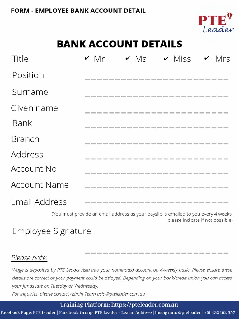 Form - Employee Bank Account Detail - PTE Leader Asia | PDF | Career ...