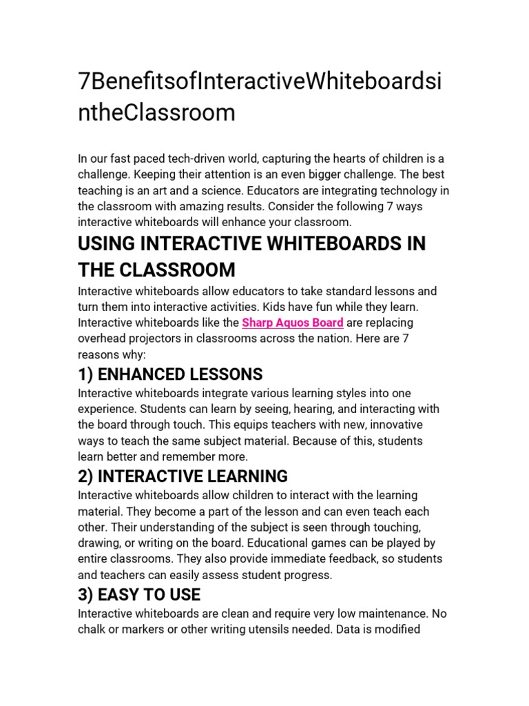 7 Benefits of Interactive Whiteboards | PDF | Classroom | Teachers