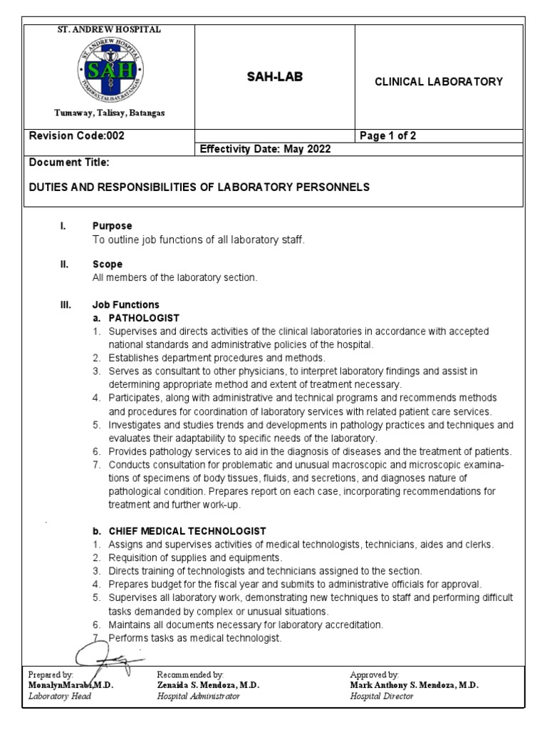 clDUTIES AND RESPONSIBILITIES OF LAB PERSONNELS PDF Pathology