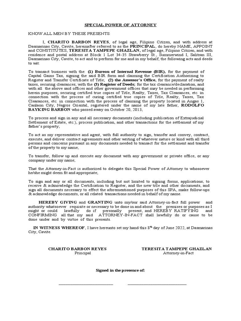 Special Power of Attorney Reyes PDF Power Of Attorney Taxes