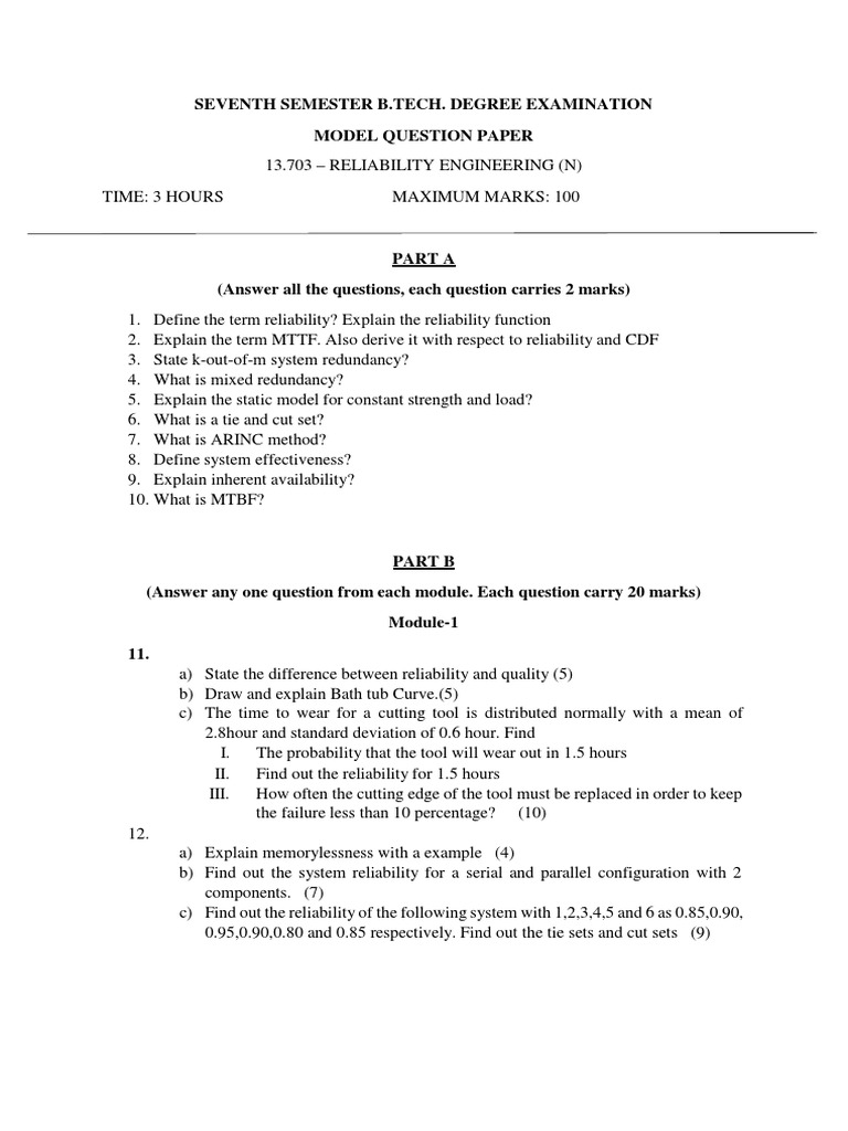 Reliability Engineering Exam Model Paper | PDF | Reliability ...
