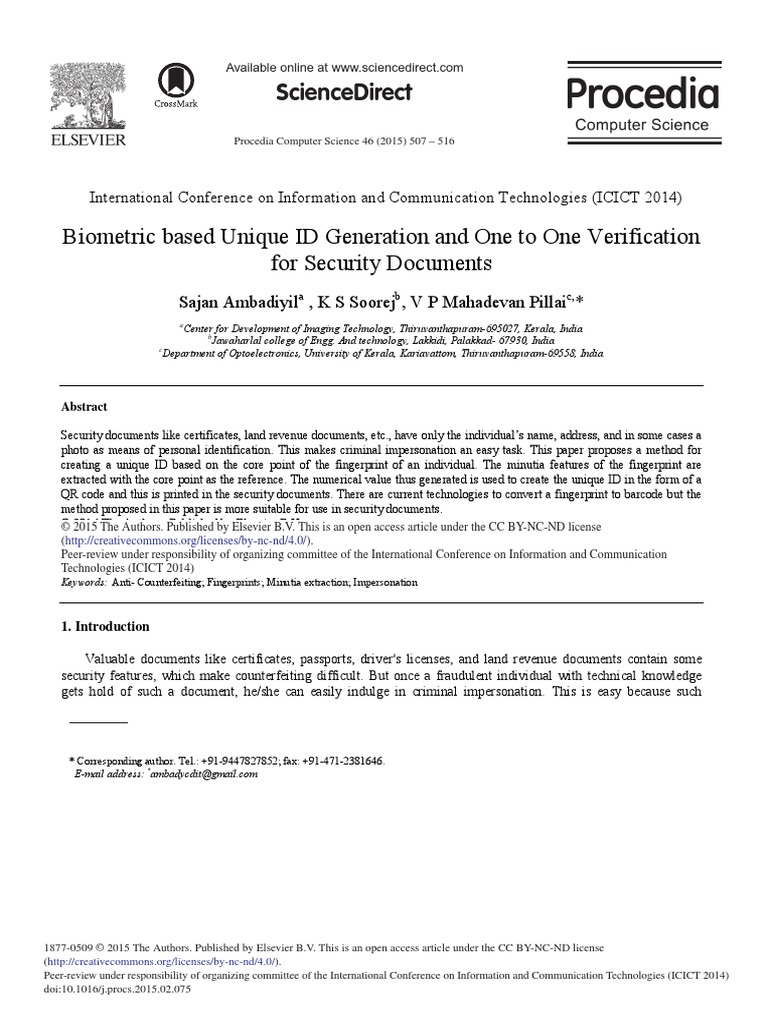Biometric Based Unique ID Generation | PDF | Biometrics | Fingerprint