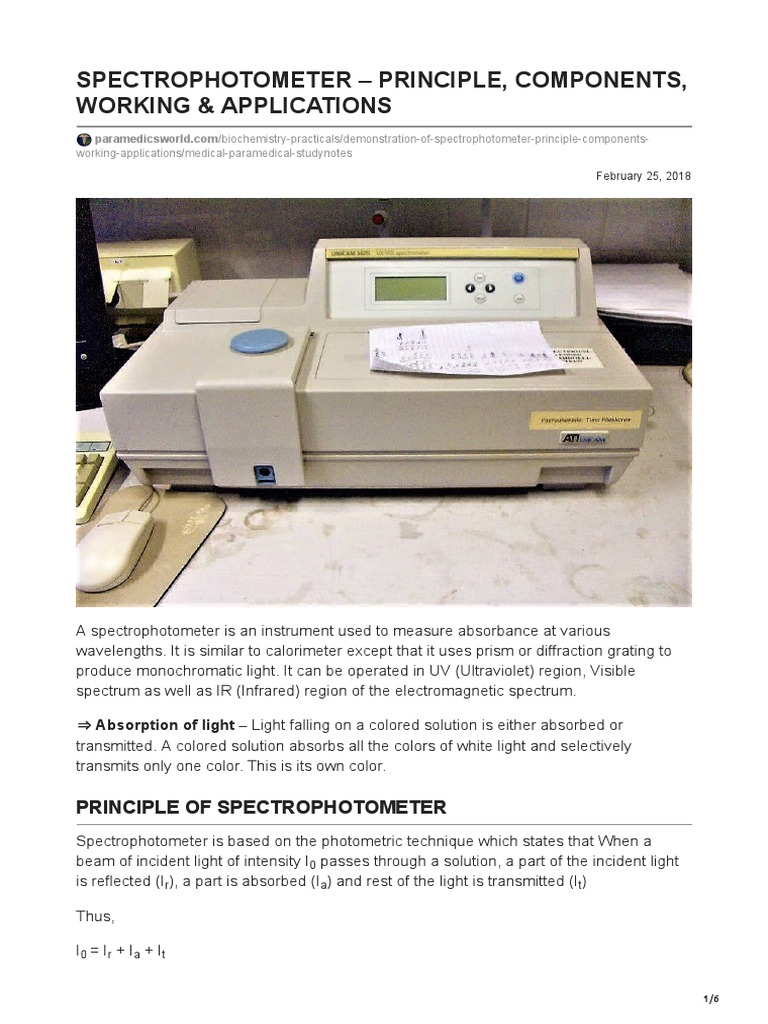 Spectrophotometer Principle Components Working Applications PDF