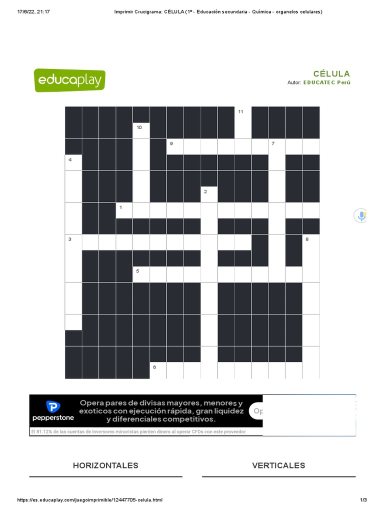 Crucigrama CÉLULA (1º Educación Secundaria Química Organelos Celulares) PDF Biología
