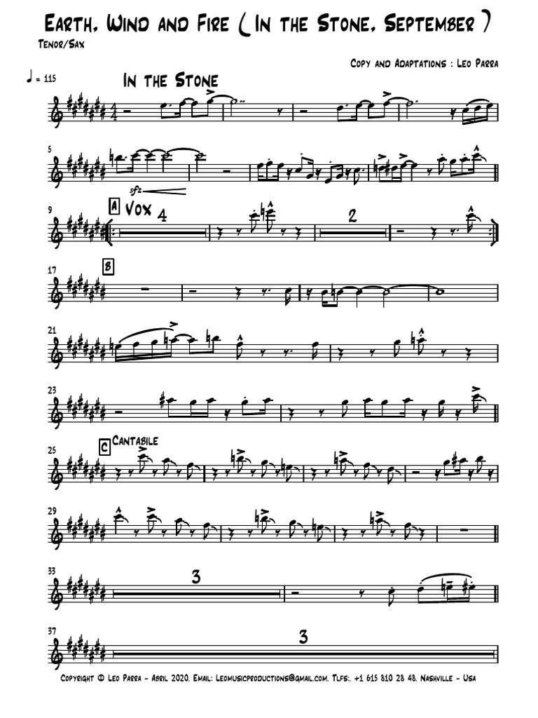 Earth, Wind and Fire (In The Stone, September) Tenor Sax 2 PDF