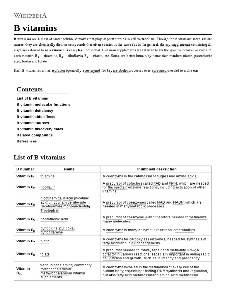 B Vitamins PDF Vitamin Biochemistry