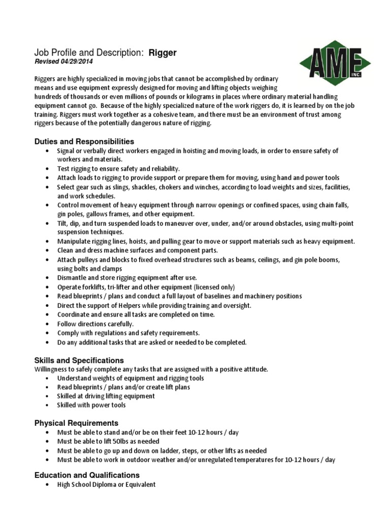 Job Profile and Description Rigger PDF Manufactured Goods Equipment