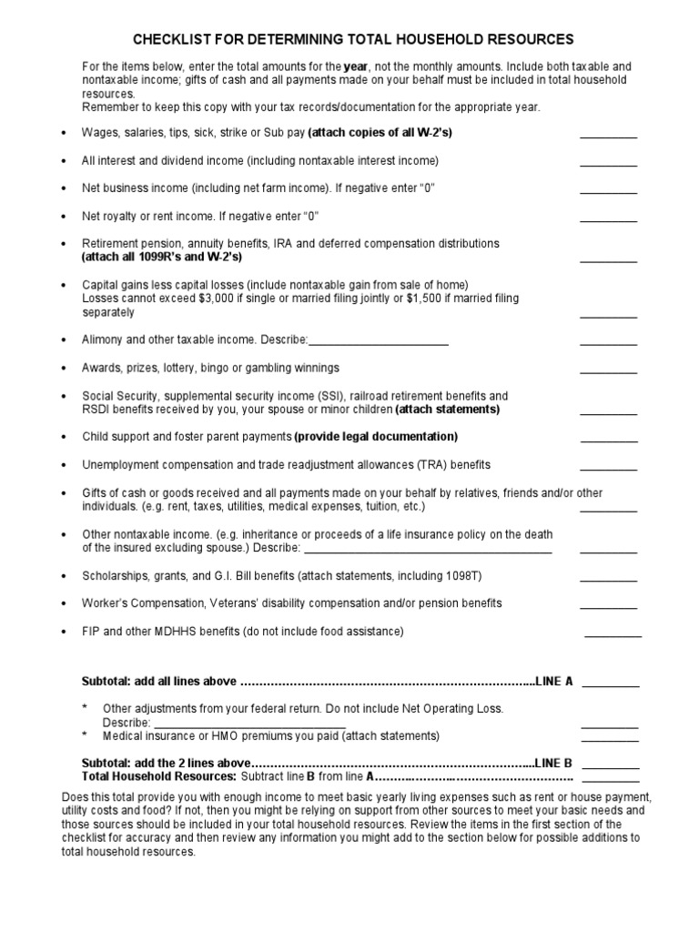 Checklist For Determining Total Household Resources | PDF | Irs Tax ...