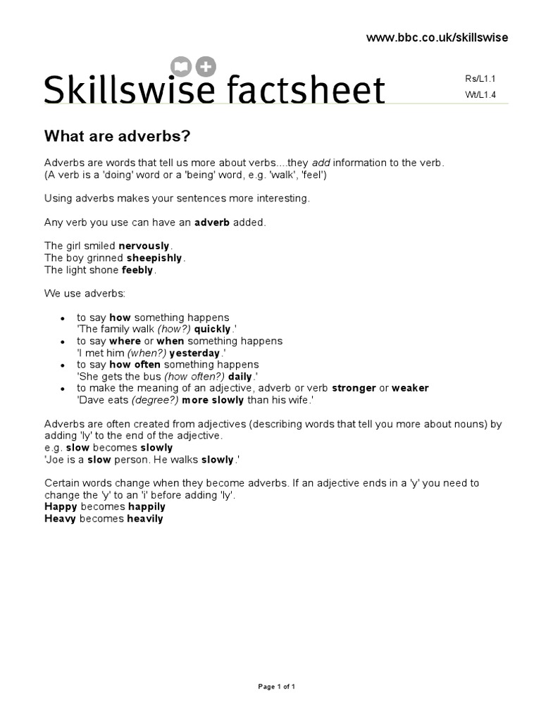 BBC Skillswise Adverbs Factsheet 1 What Are Adverbs PDF