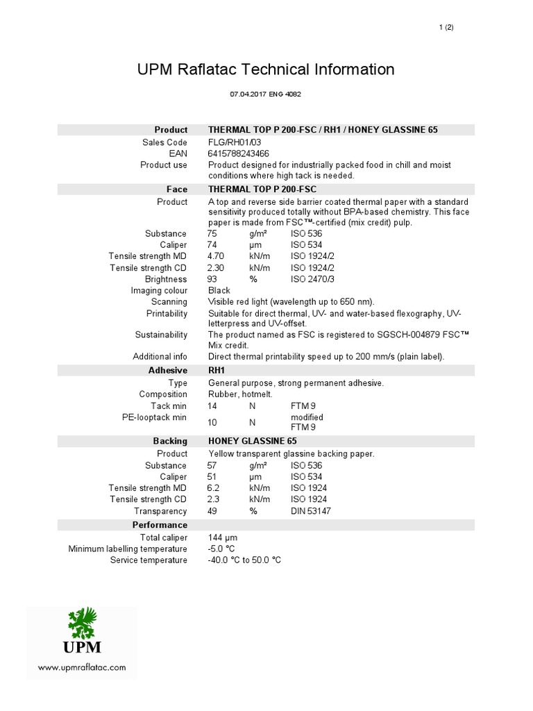 Raflatac Tt50F Spec Sheet – Raflatac Product Selector – TMDQWA