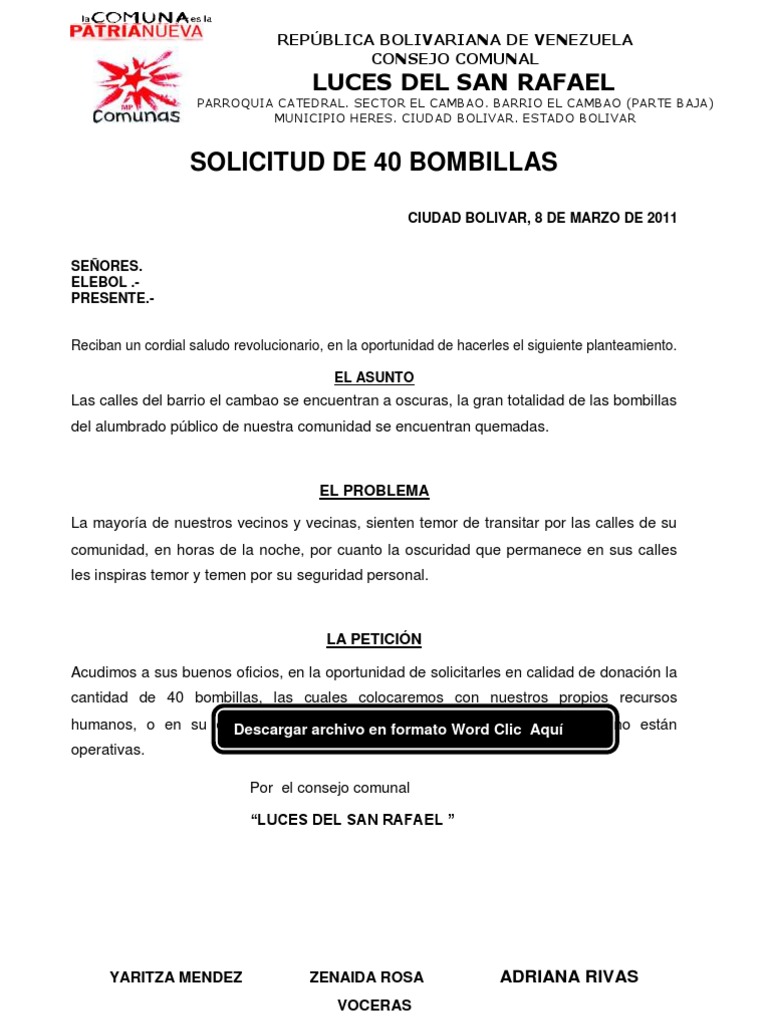 Consejo Comunal Solicitud de Bombillas de Alumbrado Publico