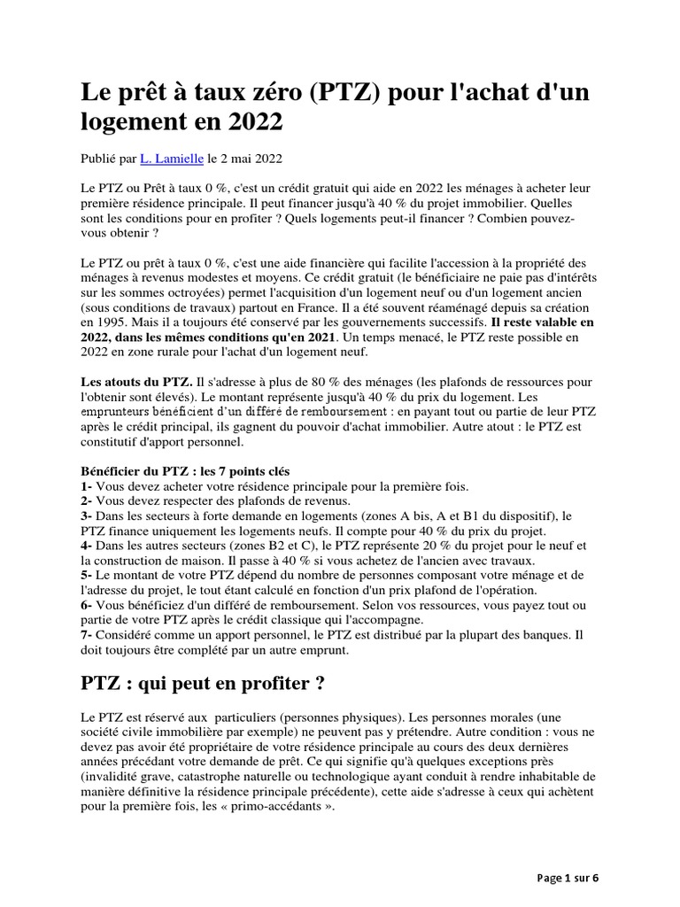 Le Prêt À Taux Zéro (PTZ) Pour L'achat D'un Logement en 2022 | PDF ...
