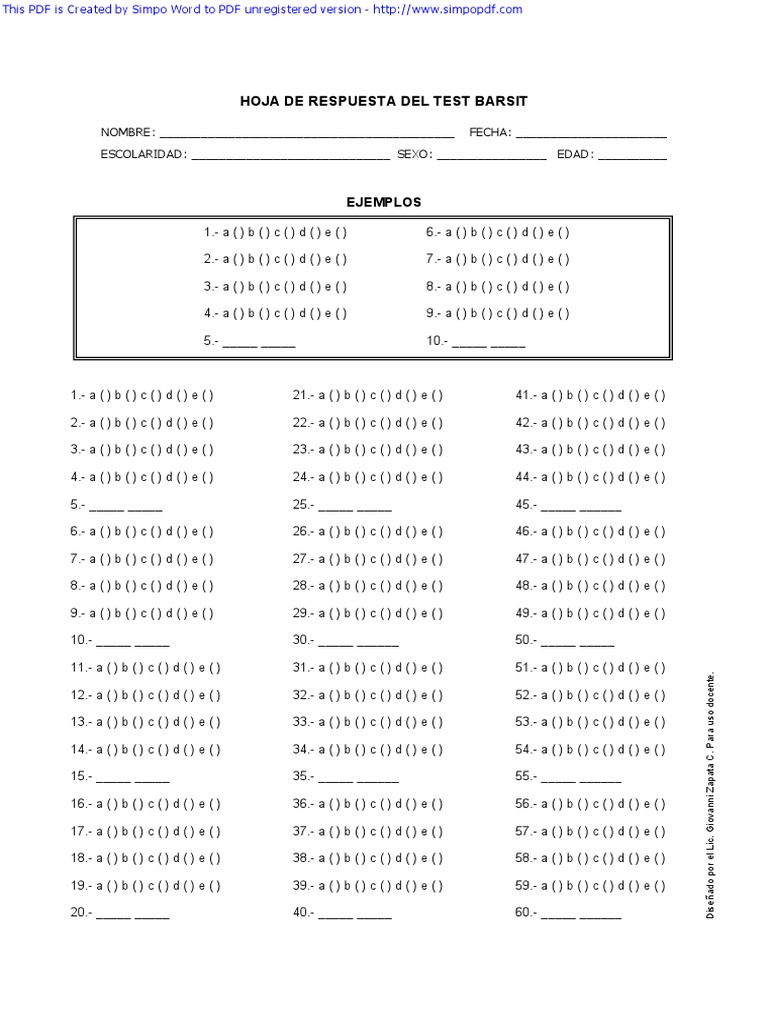 TEST BARSIT Hoja de Respuestas | PDF