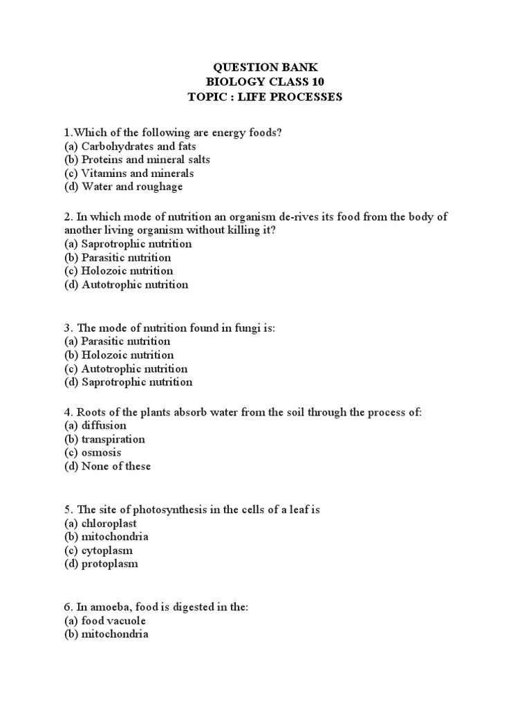 Class 10 Life Processes Question Bank | PDF | Digestion | Human Nutrition