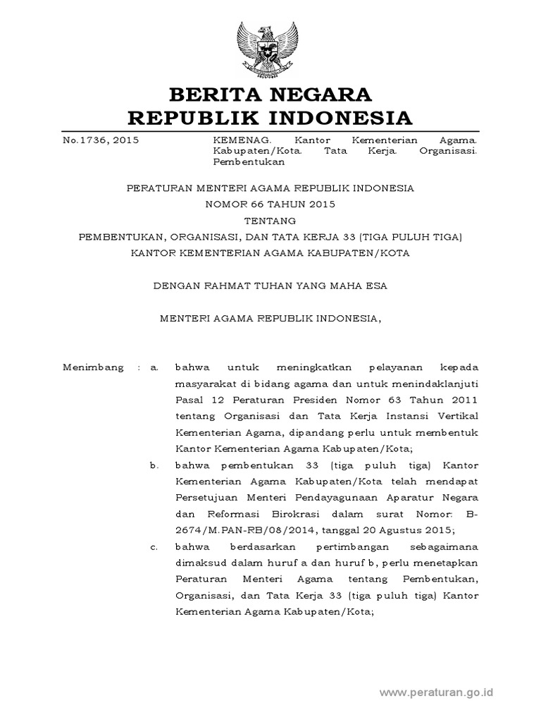 Permenag nomor 66 tahun 2015 pembentukan kantor kemenag pdf