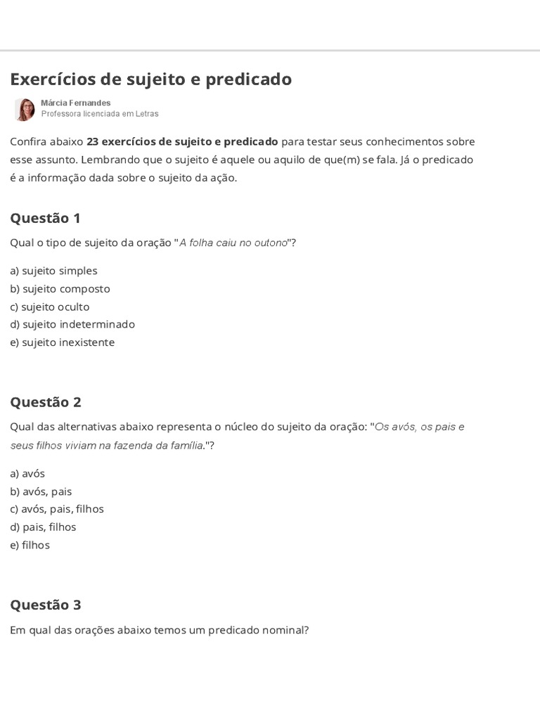 23 Exercícios de Sujeito e Predicado Com Gabarito Comentado - Toda ...