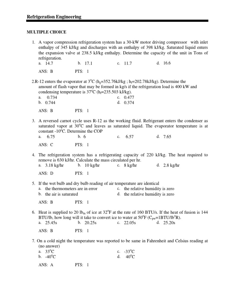 Refrigeration Engineering: Multiple Choice | PDF | Enthalpy | Humidity
