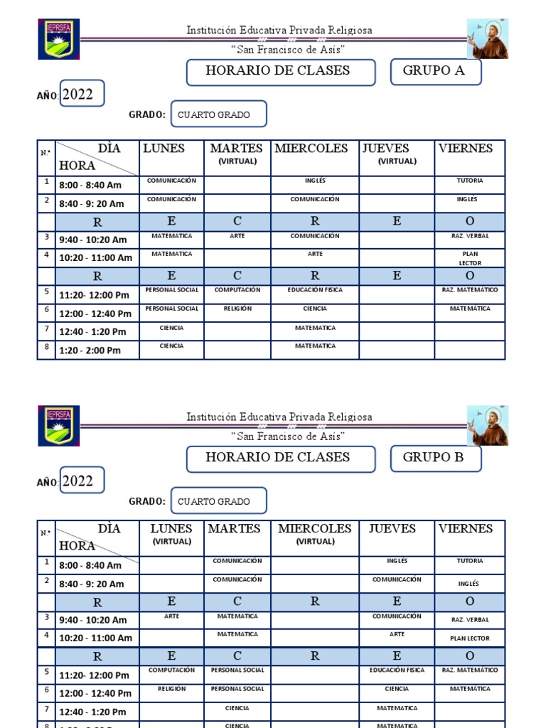 Horario de Clases Cuarto Grado 2022 | PDF