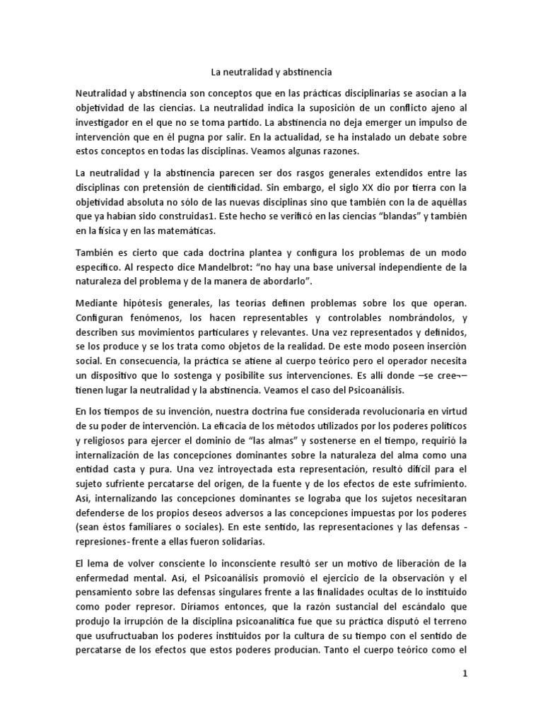 La Neutralidad y La Objetividad PDF Psicoanálisis Sicología