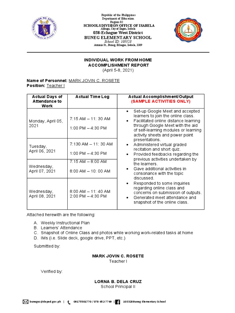 IDLAR Individual Daily Log and Accomplishment Report Buneg ES | PDF ...