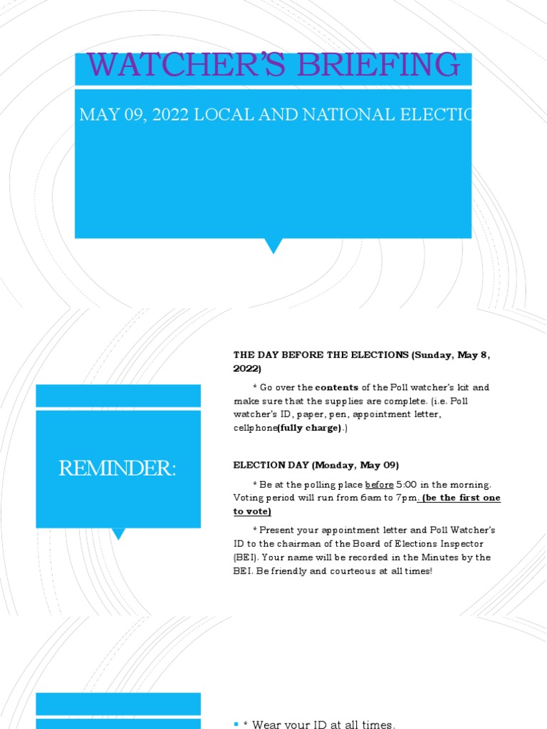 Poll Watcher Briefing Guidelines | PDF | Polling Place | Voting