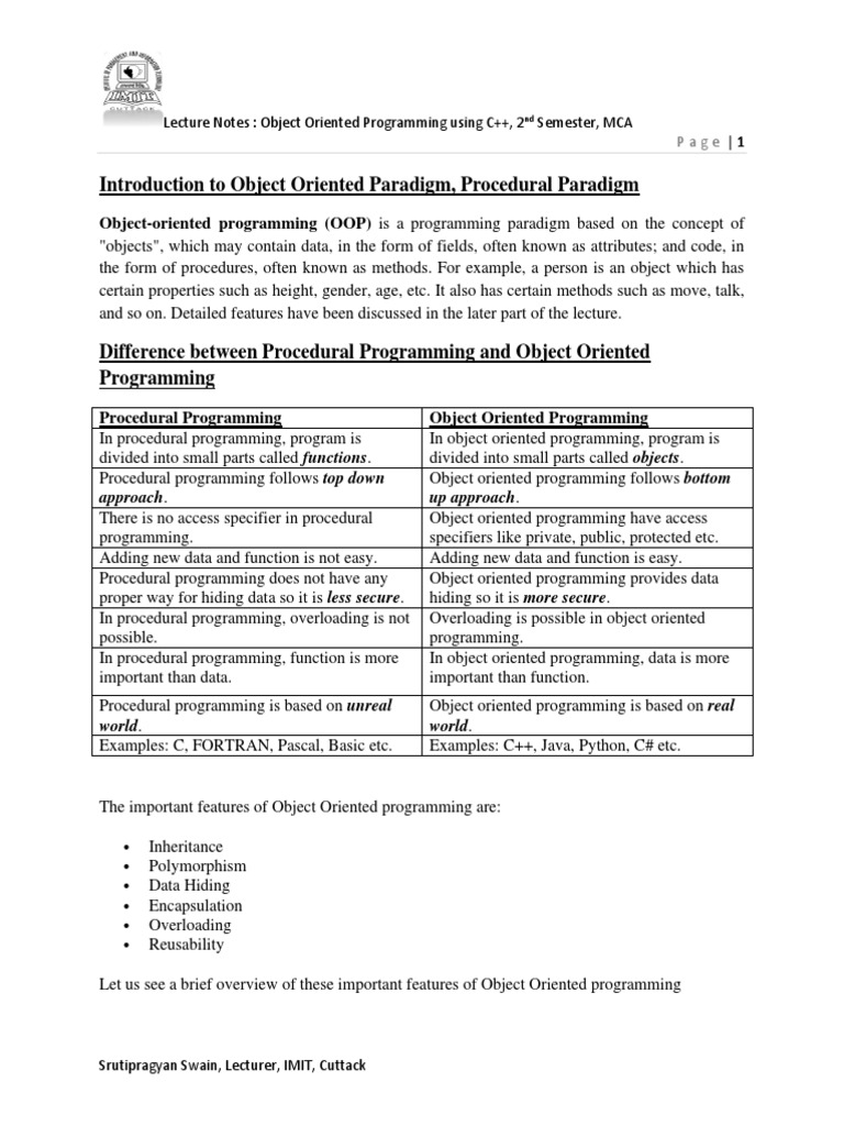 Introduction To Object Oriented Paradigm, Procedural Paradigm ...