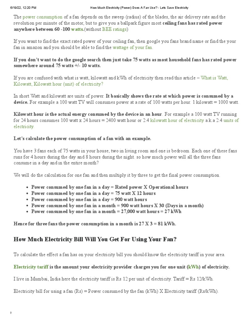 How Much Power Does A Fan Use PDF Watt Electricity