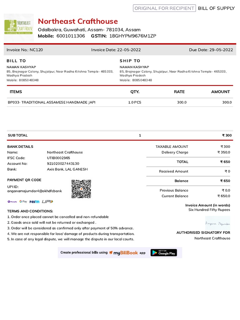 Invoice for Assamese Crafts | PDF | Financial Services | Money