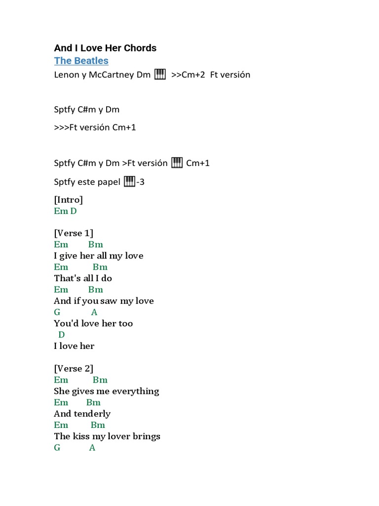 And I Love Her Chords The Beatles em PDF
