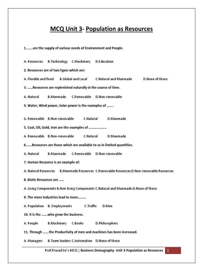MCQ Unit 3-Population As Resources | PDF | Resource | Urbanization
