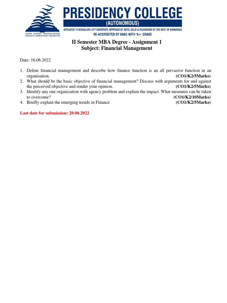II Semester MBA Degree - Assignment 1 Subject: Financial Management | PDF