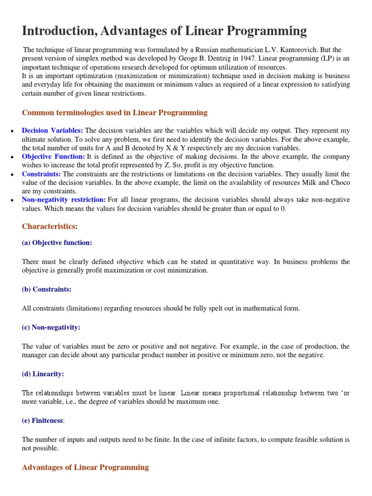 Introduction, Advantages of Linear Programming | PDF | Linear ...