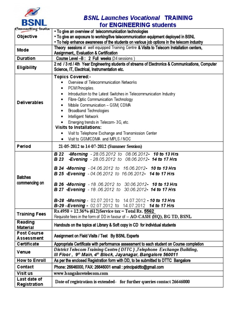 BSNL Launches Vocational TRAINING For ENGINEERING Students PDF 3 G