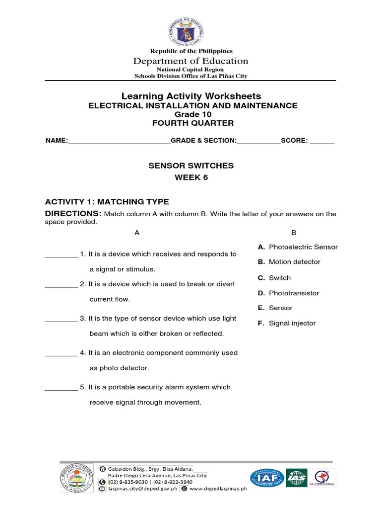 Grade 10 Sensor Switch Worksheets | PDF | Security Alarm | Switch