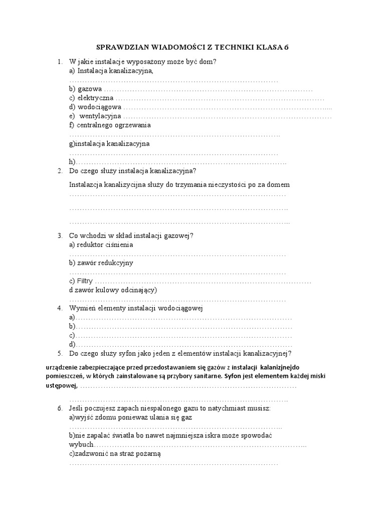 Sprawdzian Z Techniki Klasa 6 Dział 1 Sprawdzian Wiadomości Z Techniki Klasa 6 | PDF