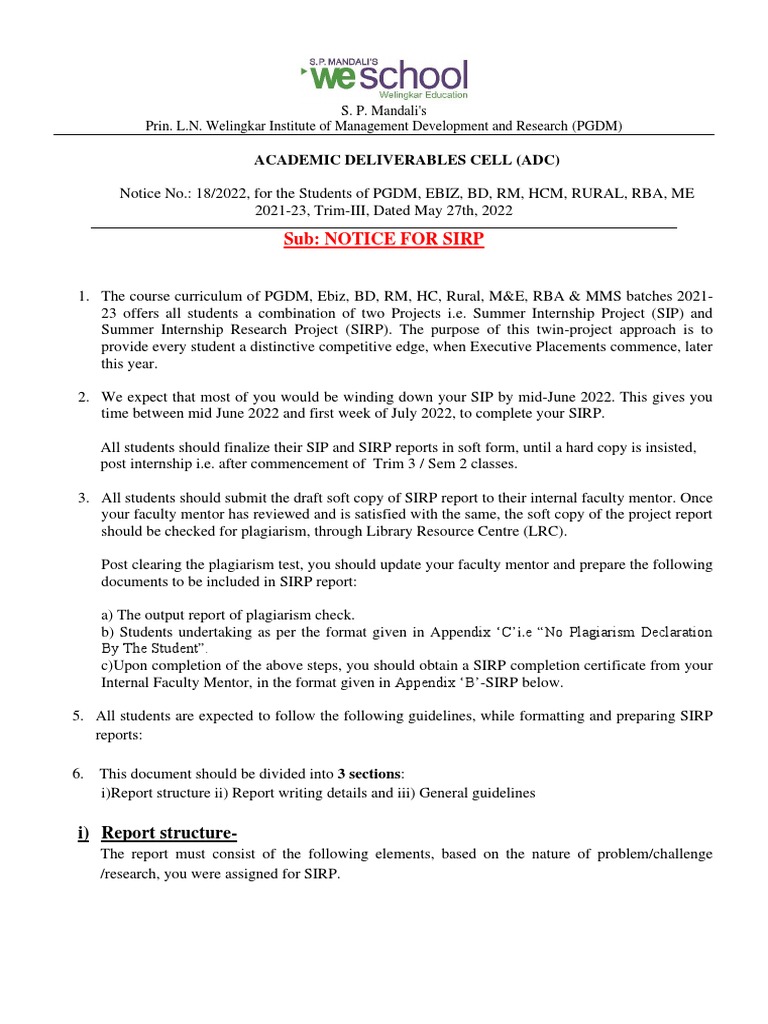 PGDM Students: SIRP Guidelines | PDF | Apa Style | Data Analysis